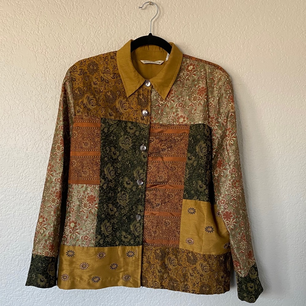 French Laundry Neutral Abalone Button Down Patchwork Shirt